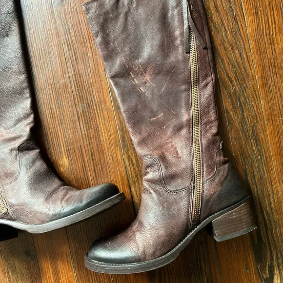 Lucky Brand Hackett Dark Brown Tall Distressed Riding  Boots - Picture 2 of 13